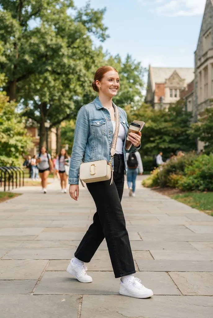 20 year old student wearing a crossbody bag for an easy college outfit