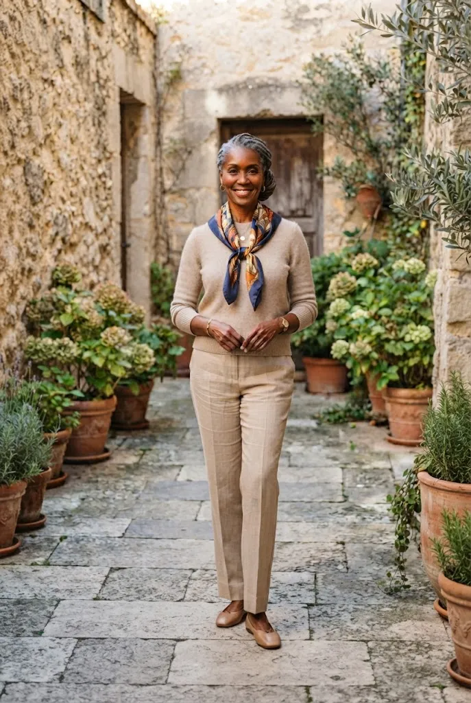 Fall outfit for women over 50 with a statement scarf over a neutral base