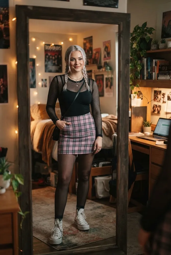 20 year old student wearing a dark academia plaid skirt outfit for the first day of college