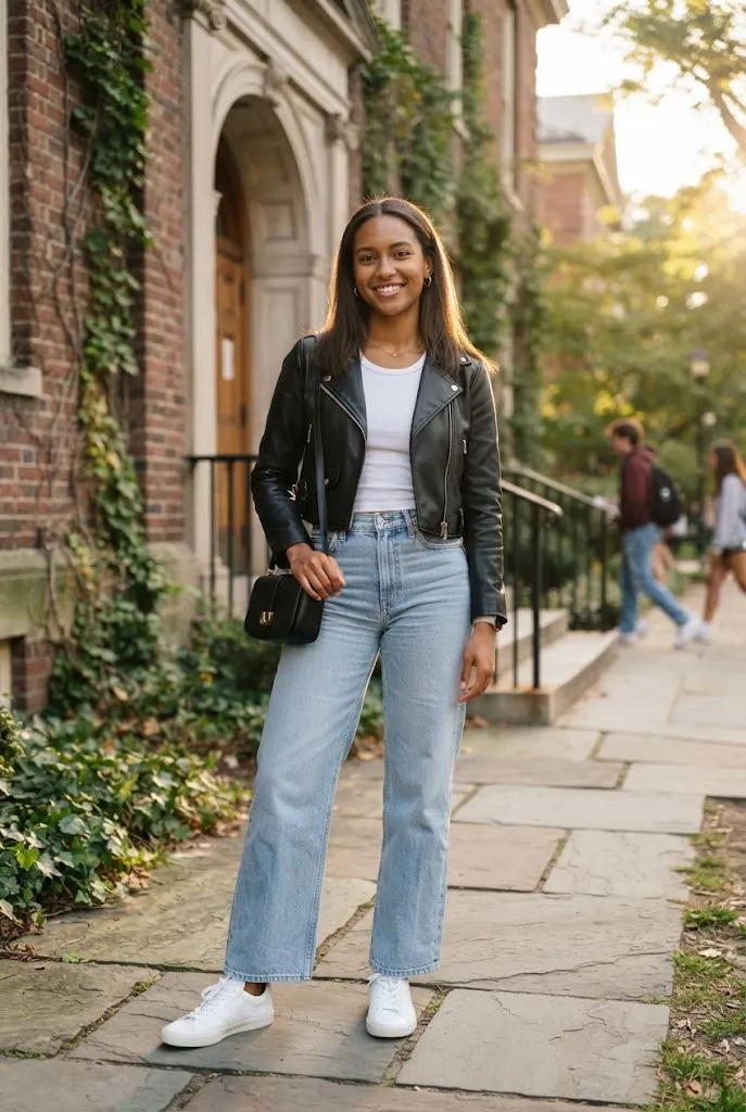 20 year old student in wide leg jeans and cropped leather jacket college outfit idea