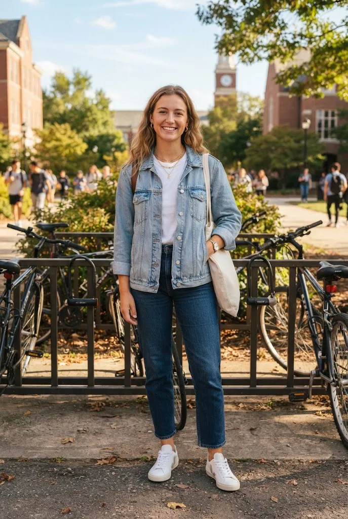 20 year old college student wearing a denim on denim outfit combination