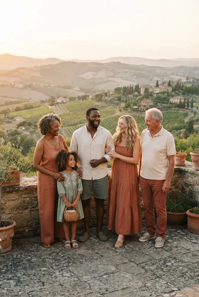 Family members of different body types wearing terracotta and cream outfits at a destination wedding