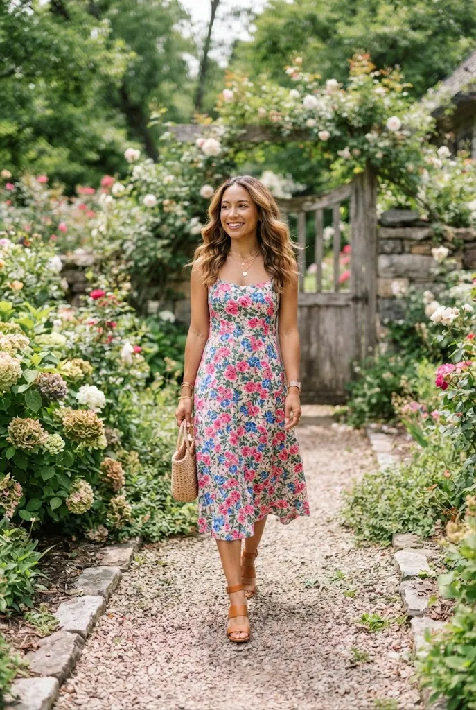 Young American woman in a floral midi dress and heeled sandals arriving at a dressy casual wedding