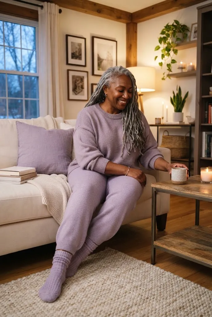 Plus size woman wearing dusty lavender loungewear with matching socks