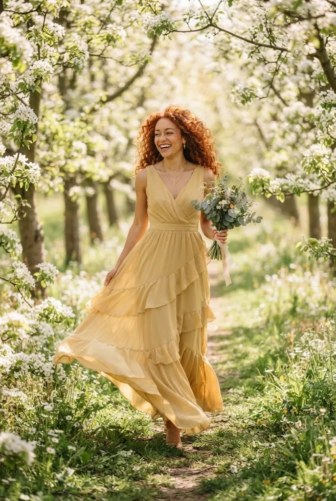 Bridesmaid with auburn curls in a dusty yellow chiffon dress in an orchard