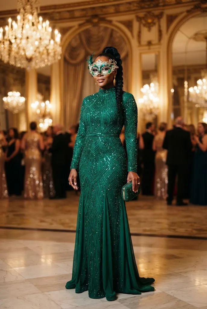 Black American woman in an emerald beaded gown with a green and gold masquerade mask.