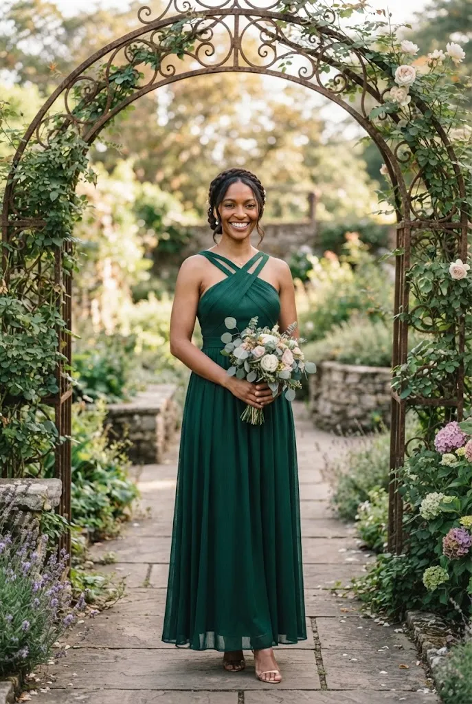 Bridesmaid in an emerald cross-strap dress standing under a garden gate