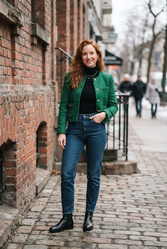 Woman in her early 30s wearing an emerald green cropped jacket over a black turtleneck