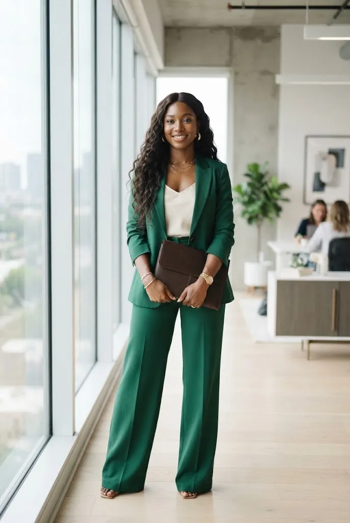 Black woman in a deep emerald wide-leg suit standing in a bright modern office
