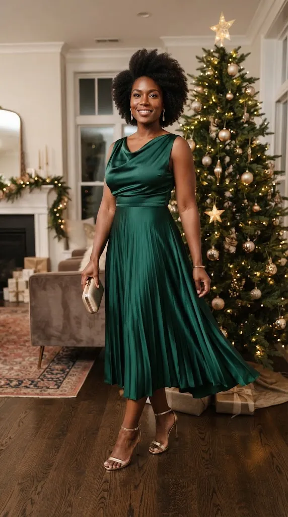 Black woman wearing an emerald satin Christmas dress with gold heels
