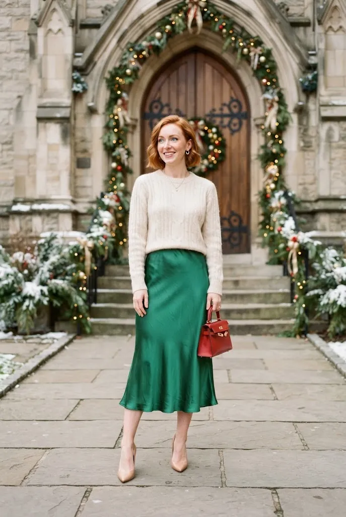 32-year-old woman wearing emerald satin skirt and cream sweater for Christmas church