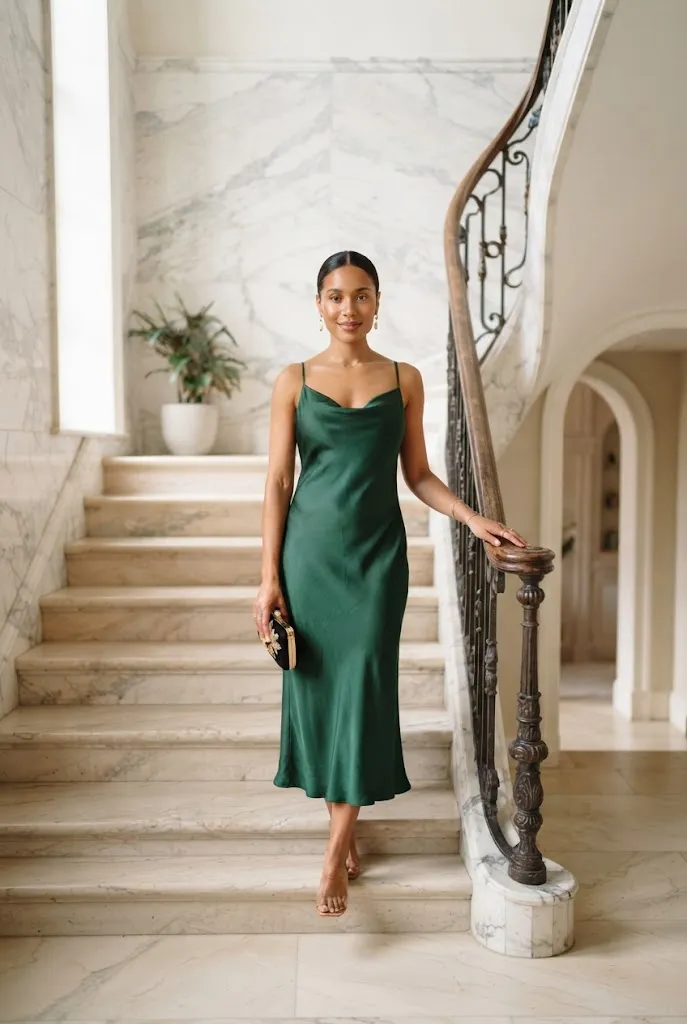 Woman in emerald satin slip dress on staircase for birthday night out