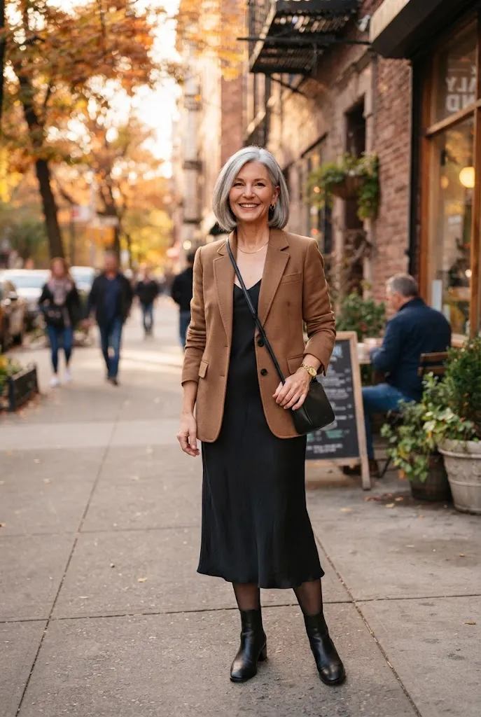 Woman over 50 wearing a tailored blazer over a slip dress for a chic fall outfit