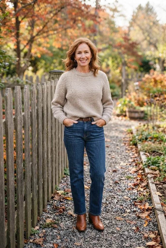 Woman over 50 wearing a chunky knit sweater with straight-leg denim for fall