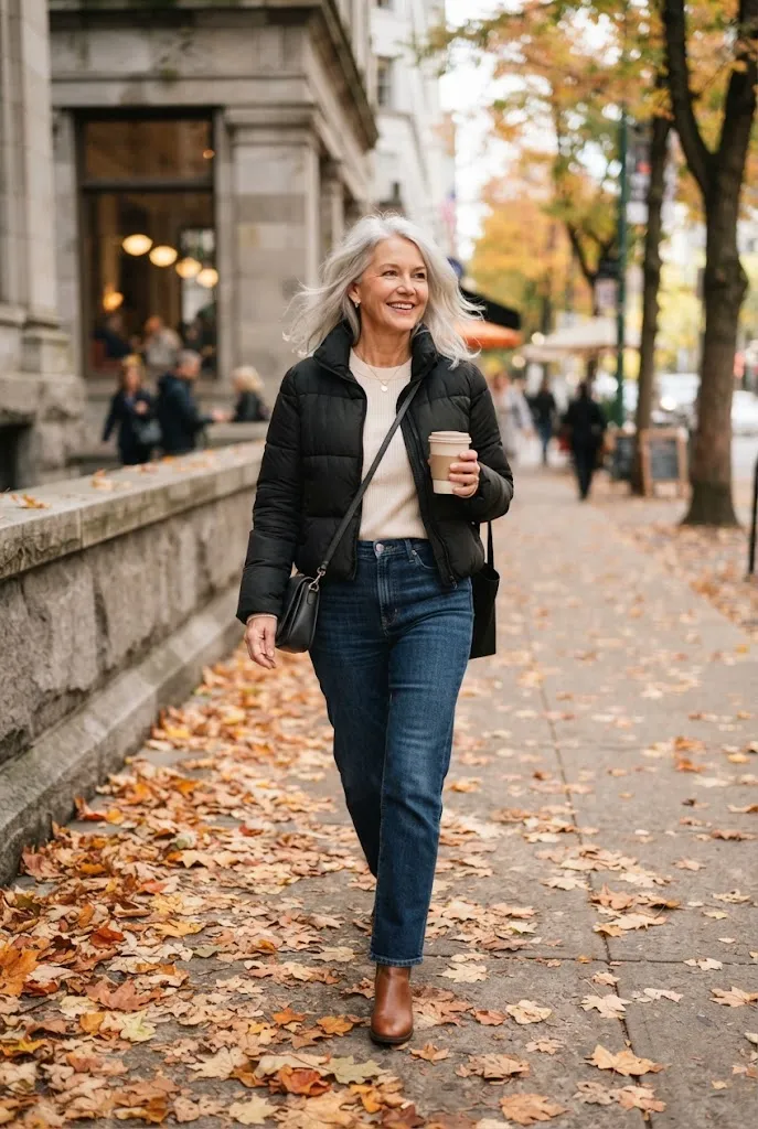Woman over 50 wearing a cropped puffer jacket with straight-leg jeans for fall