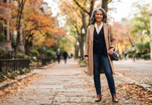 Woman over 50 with salt and pepper hair wearing a chic fall outfit