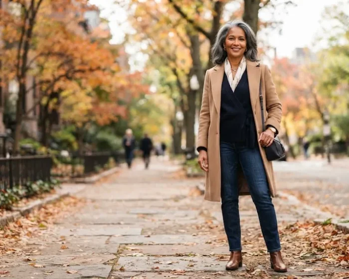 Woman over 50 with salt and pepper hair wearing a chic fall outfit