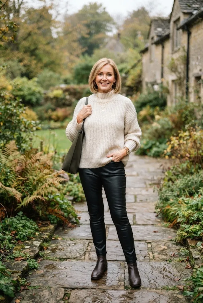 Fall outfit for women over 50 with leather pants and an oversized knit sweater