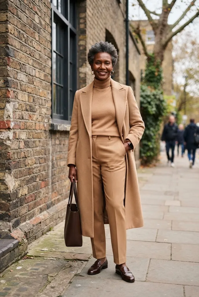 Woman over 50 in a monochrome camel fall outfit from coat to trousers