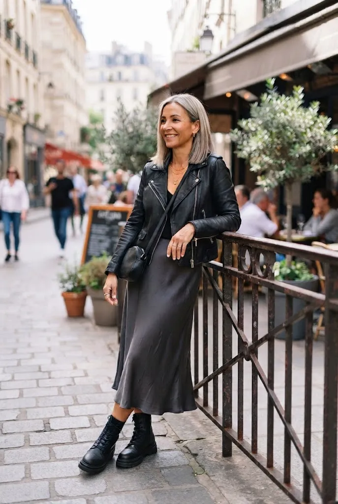 Fall outfit for women over 50 with a leather moto jacket and midi skirt