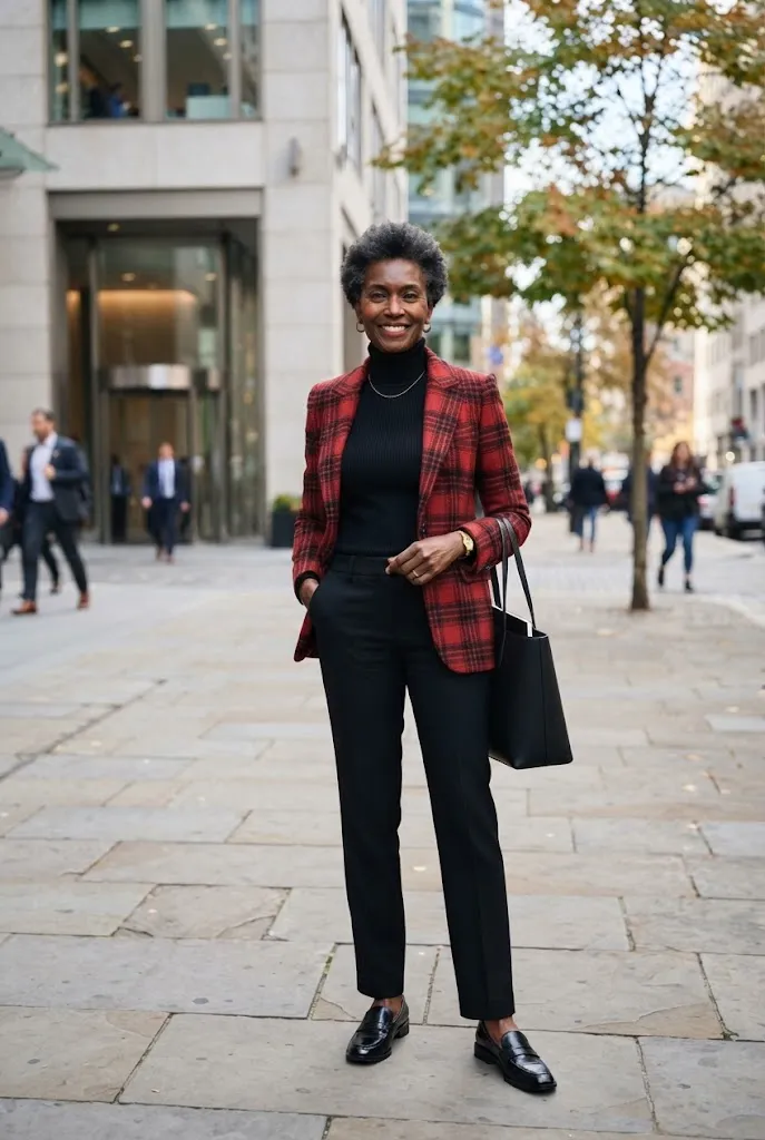 Woman over 50 wearing a plaid blazer with a black turtleneck for fall