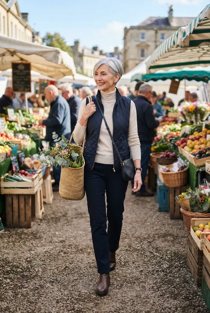 Fall outfit for women over 50 with a quilted vest over a fine knit sweater