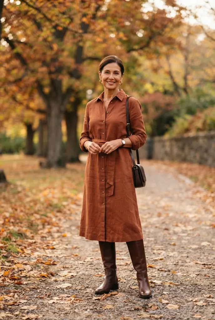 Woman over 50 wearing a midi shirtdress with knee-high boots for fall