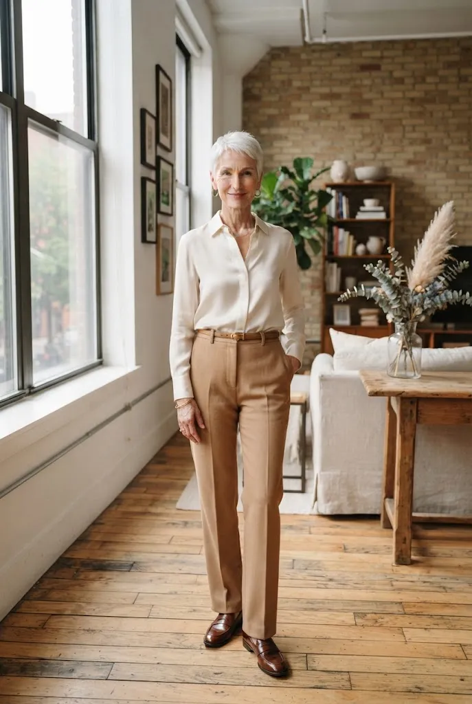 Woman over 50 in a silk blouse and high-waist wool trousers fall outfit