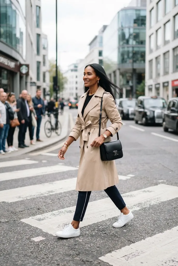 Fall outfit for women over 50 with a trench coat over tailored joggers