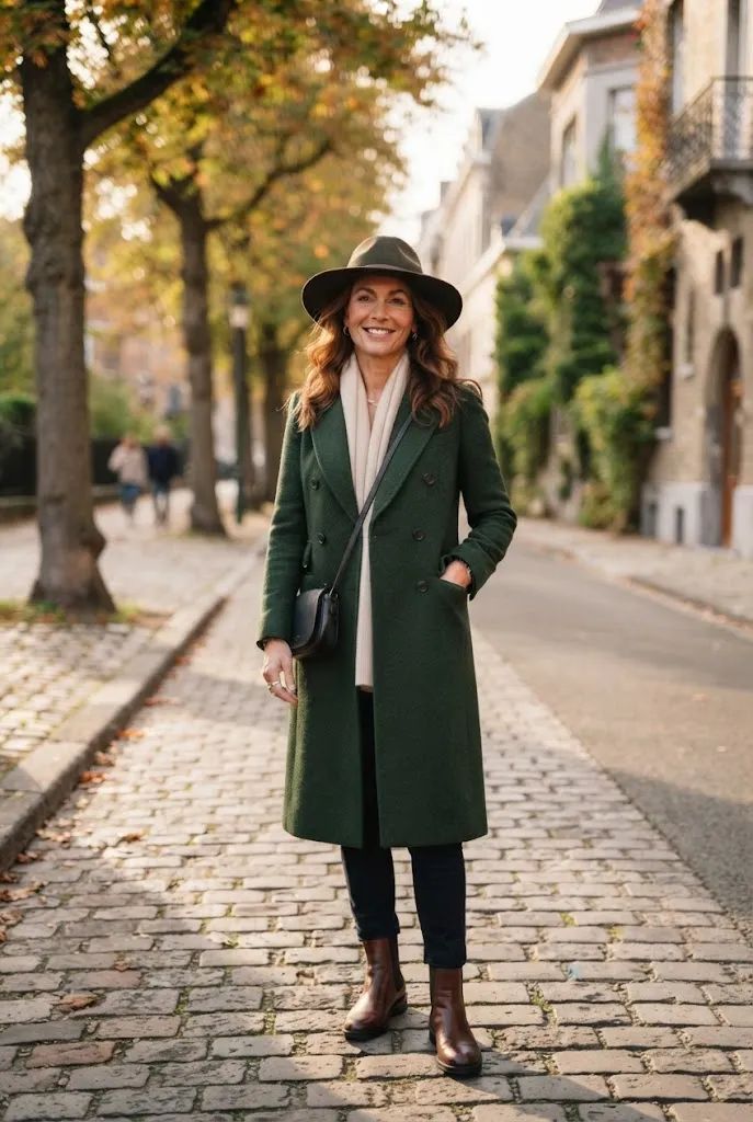 Woman over 50 wearing a wide-brim hat with a structured coat in fall