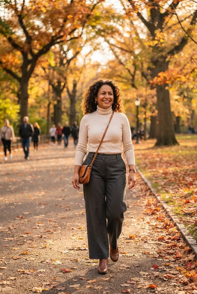 Fall outfit for women over 50 with wide-leg trousers and a fitted turtleneck