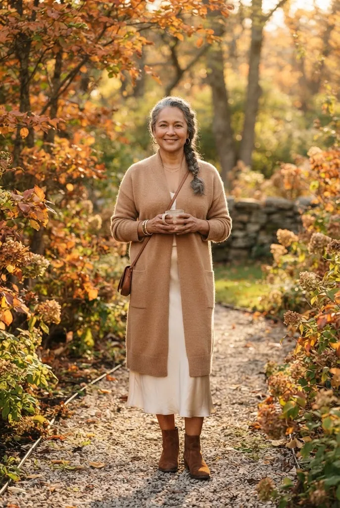 Fall outfit for women over 50 with a cashmere wrap cardigan and ankle boots