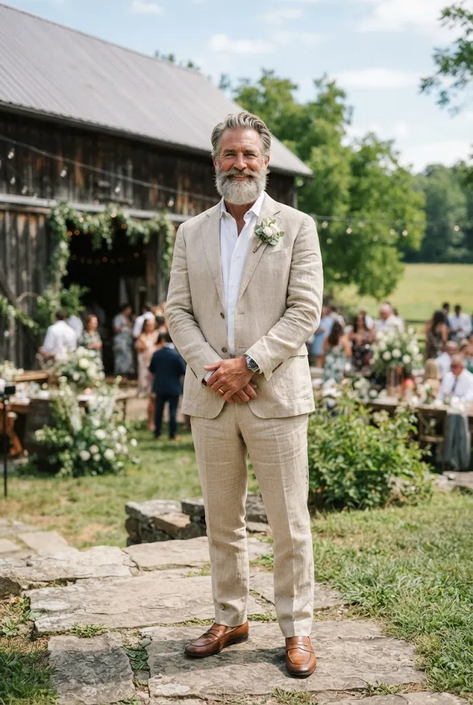 Father of the groom wearing a sand colored linen suit at an outdoor wedding