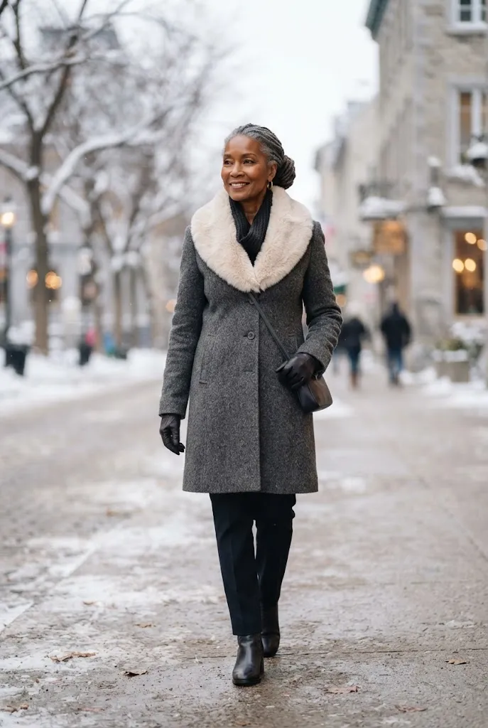 Woman over 60 wearing a faux fur collar coat in winter