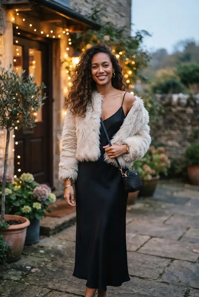 Woman in faux fur jacket over slip dress for birthday outfit