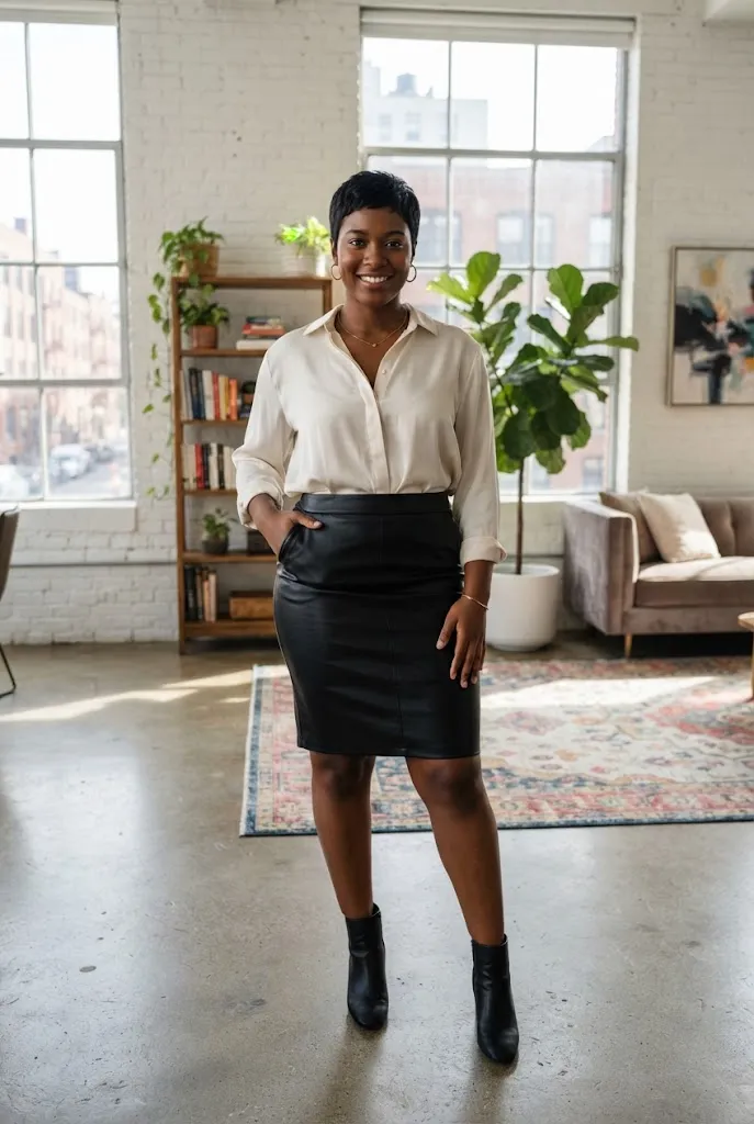 Curvy woman wearing a faux leather skirt with a soft blouse