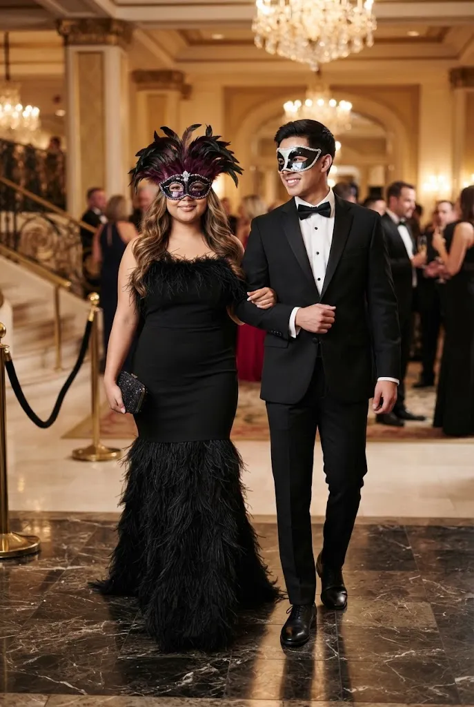 Feathered black evening dress and classic tuxedo for an elegant masquerade couple.