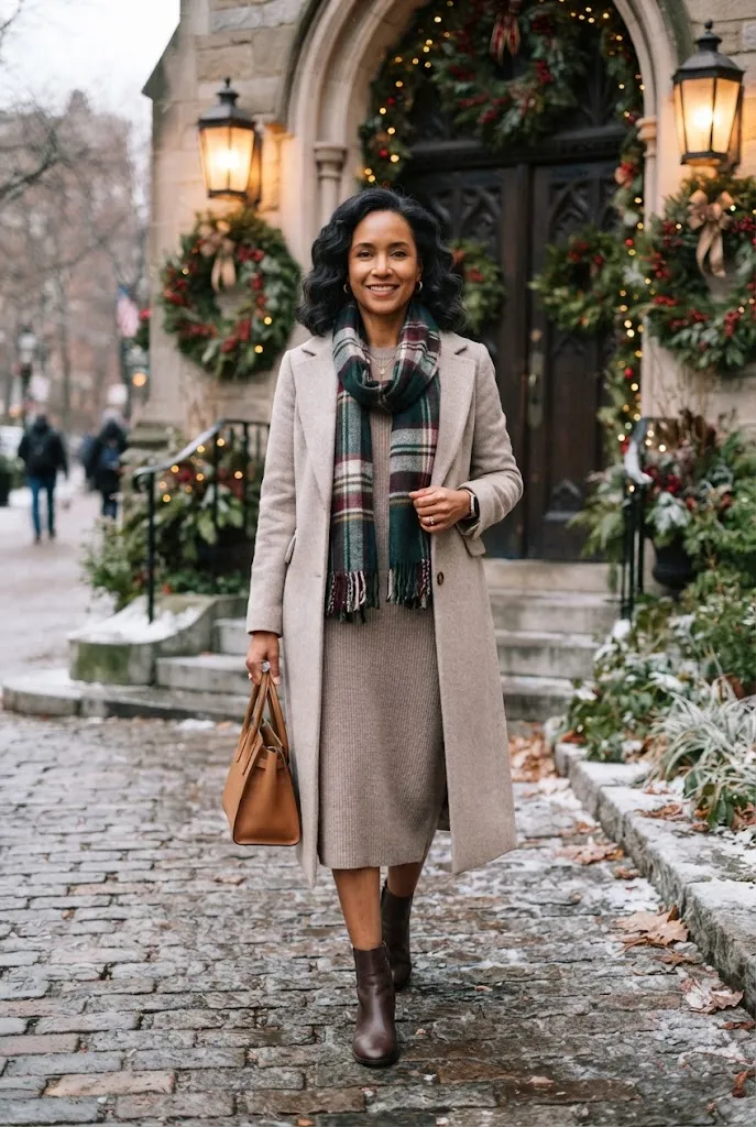 woman in neutral dress, wool coat and festive Christmas scarf