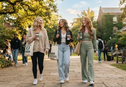 Group of 20 year old college students wearing trendy first day of college outfits on campus