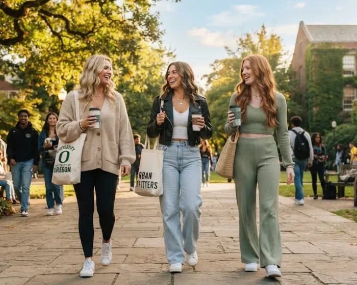 Group of 20 year old college students wearing trendy first day of college outfits on campus