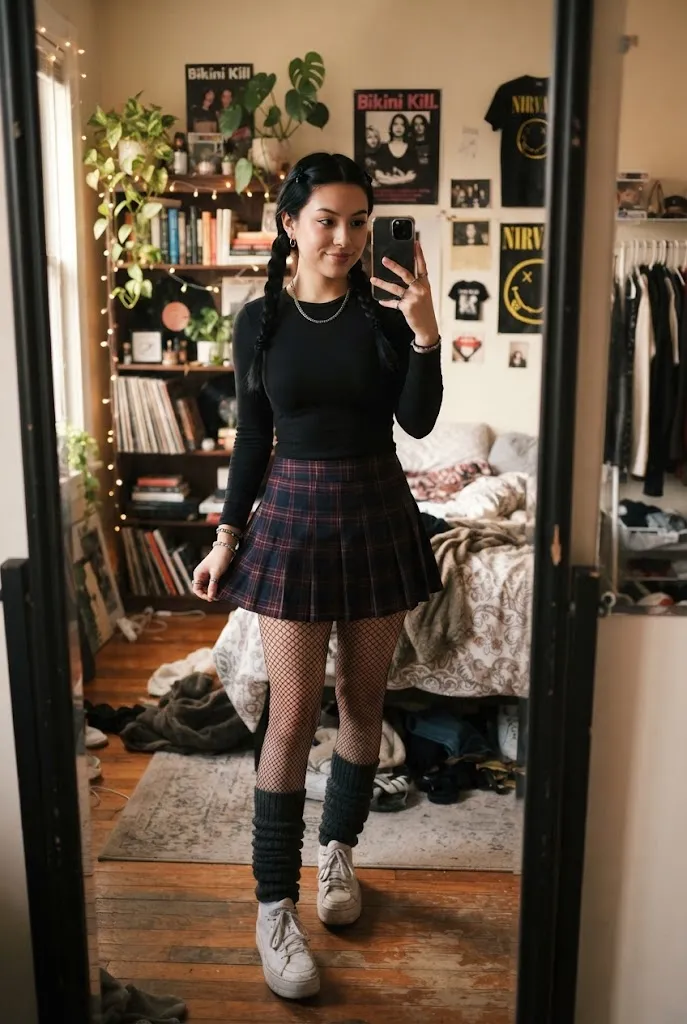 20 year old wearing fishnets and leg warmers for a grunge college outfit