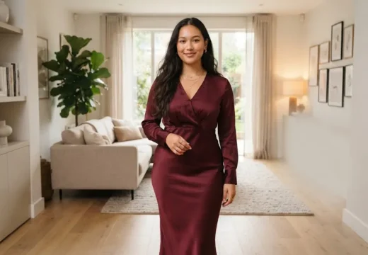 Curvy woman in a flattering burgundy dress showing date night outfit ideas