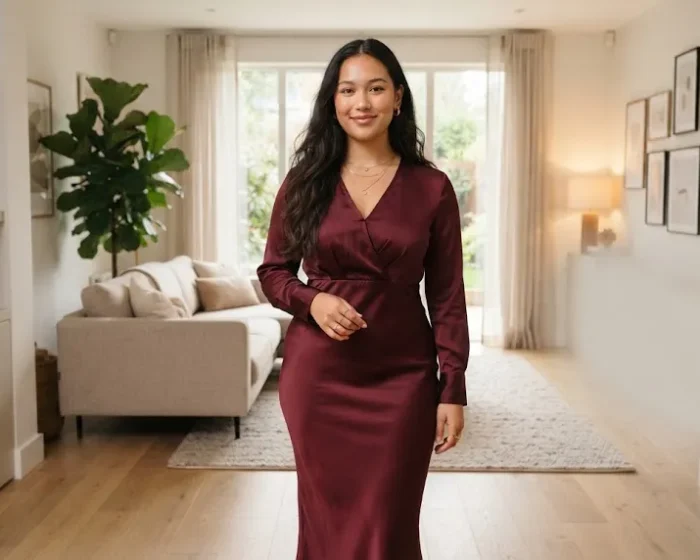 Curvy woman in a flattering burgundy dress showing date night outfit ideas