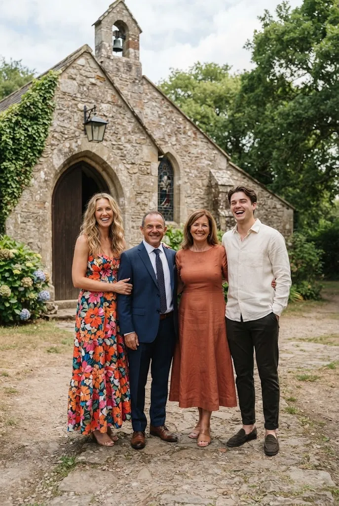 One family member in a floral dress standing with others in solid colored outfits