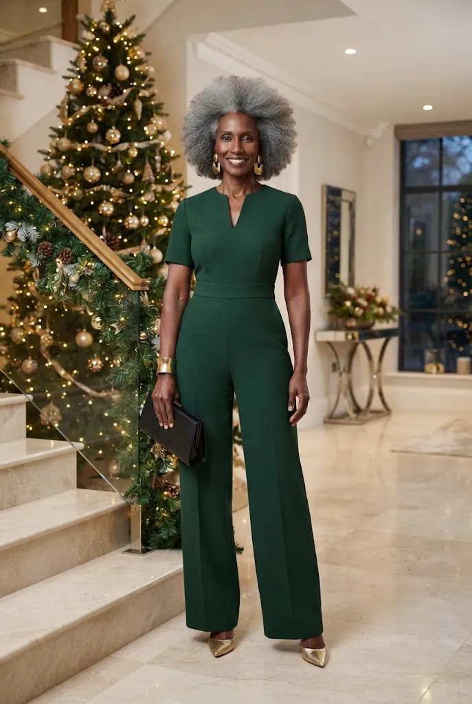 Black woman in forest green jumpsuit with gold Christmas accessories