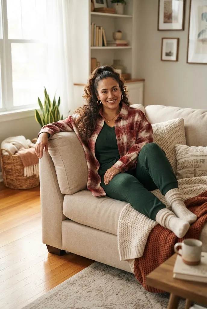 Plus size woman wearing a forest green lounge set with a flannel shirt