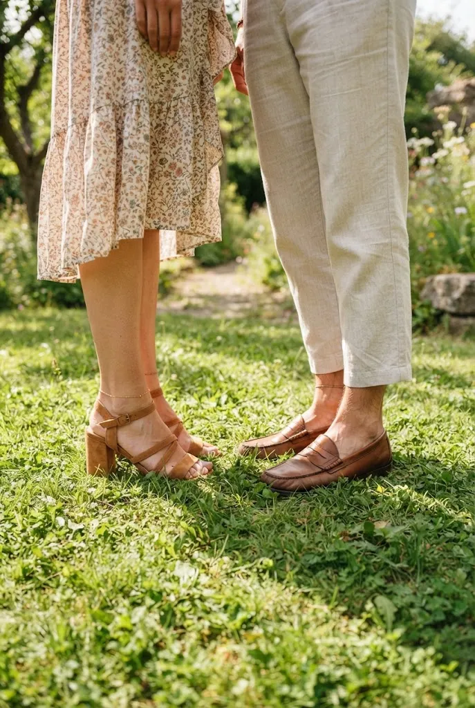 Block heel sandals and leather loafers standing on grass at an outdoor wedding