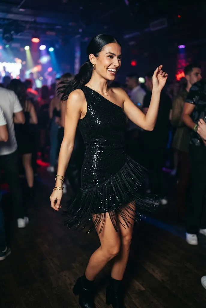 Fringe hem mini dress in motion for a birthday party