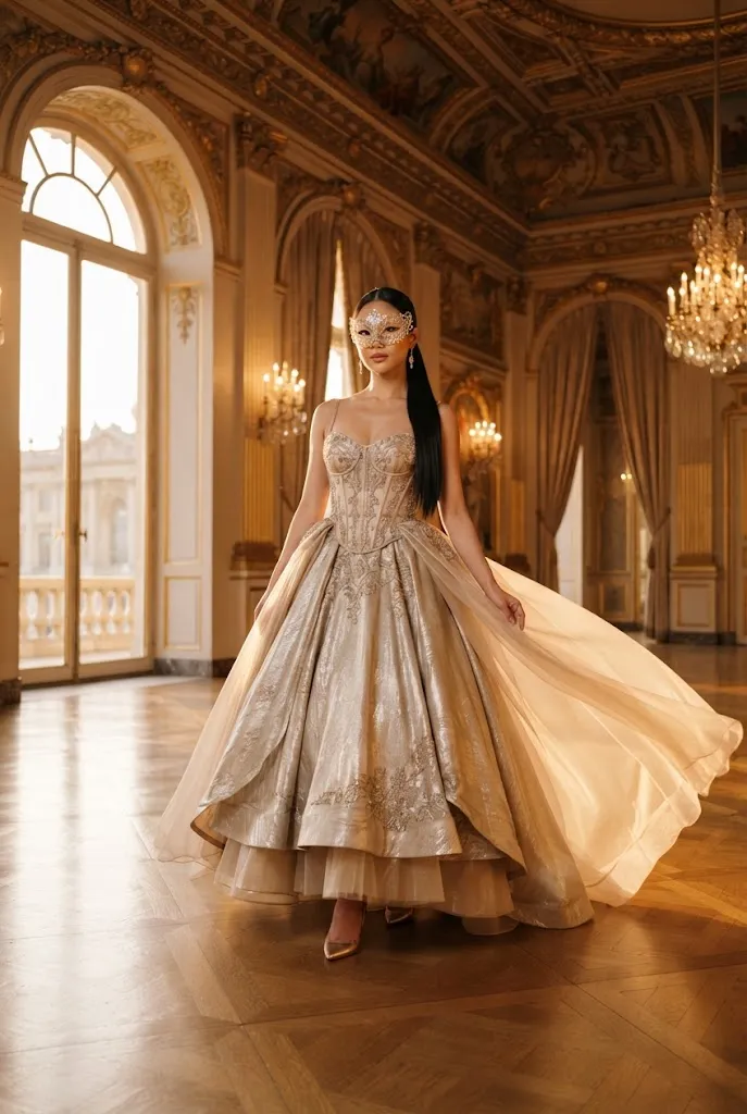 Asian American woman wearing a gold corset ball gown with a matching masquerade mask.