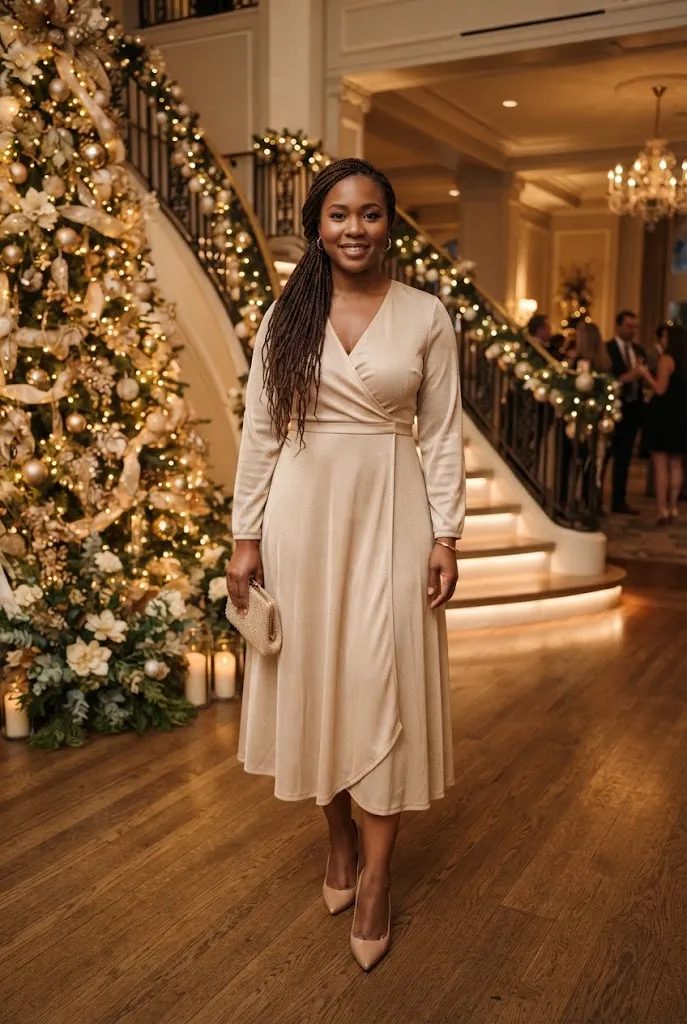 Black woman in elegant gold wrap dress and nude heels at Christmas